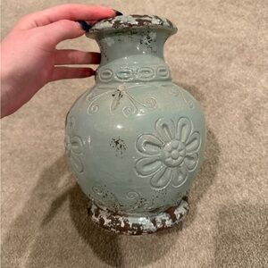 Pottery Barn Distressed Teal Floral Vase